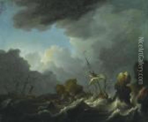 Stormy Sea With Shipwreck. Oil Painting - Willem van de, the Elder Velde