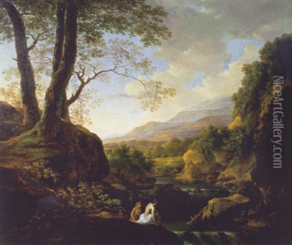An Italianate Landscape With Bathers At A River Oil Painting - Jan Dirksz. Both