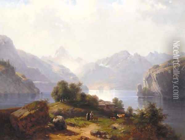 Neatherds by a lake in a mountainous landscape Oil Painting - French School