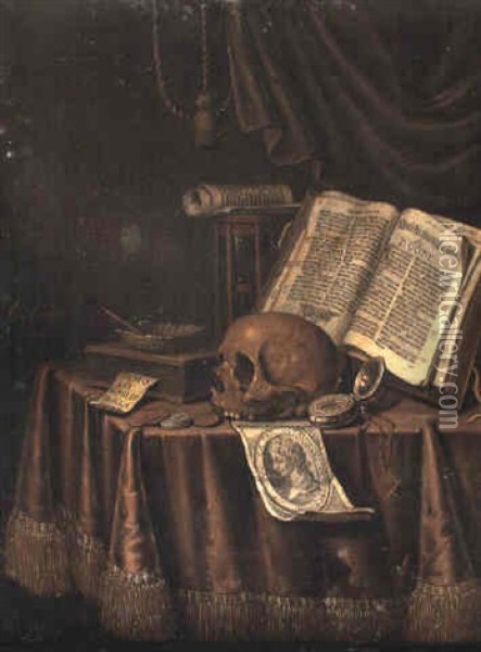 Vanitas Still Life With A Skull, Hourglass, Books And Bubbles In A Shell Oil Painting - Edward Collier