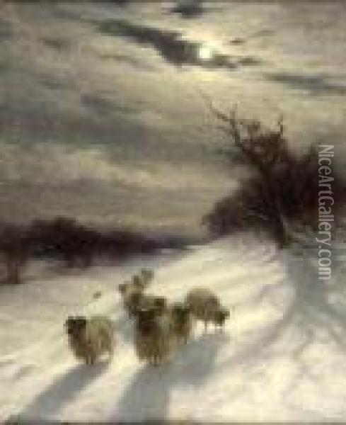 Sheep In A Snowy Landscape By Moonlight Oil Painting - Joseph Farquharson