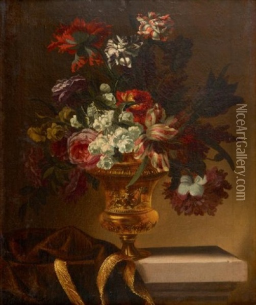 Bouquet De Fleurs Dans Un Vase Pose Sur Un Entablement Oil Painting - Nicolas Baudesson