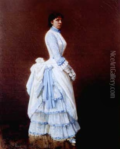 Portrait Einer Dame In Blauweissem Kleid Oil Painting - Alois Boudry