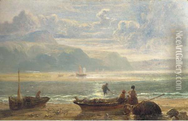Fisherfolk On A Beach Oil Painting - John Wright Oakes