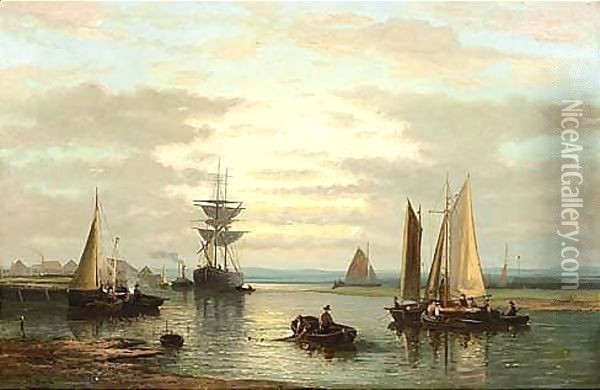 Sailing Vessels In A River Oil Painting - Abraham Hulk Jun.