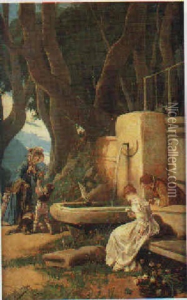 Galanteo En La Fuente Oil Painting - Angel (Monedero) Lizcano y Esteban