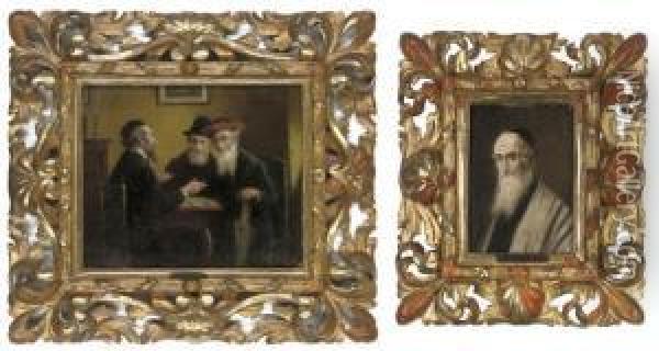 A Minor Dispute; And Portrait Of A Rabbi Oil Painting - Lajos Kolozsvary