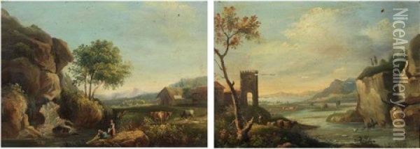 Paesaggio Con Armenti (+ Paesaggio Fluviale; 2 Works) Oil Painting - Vittorio Maria Bigari