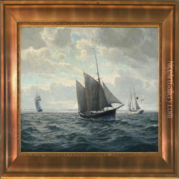 Seascape With Sailing Ships Oil Painting - Christian Benjamin Olsen