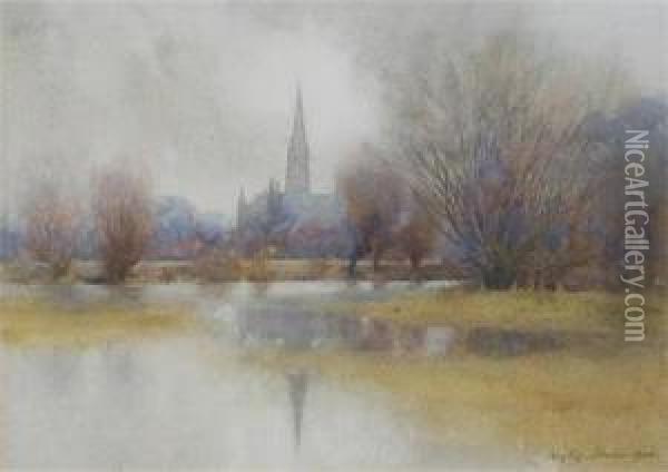 View Of Salisbury Cathedral Oil Painting - Hugh L. Norris
