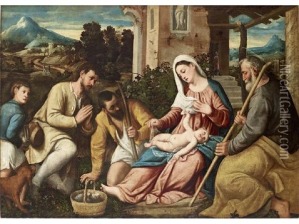 The Adoration Of The Shepherds Oil Painting - Bonifazio de Pitati