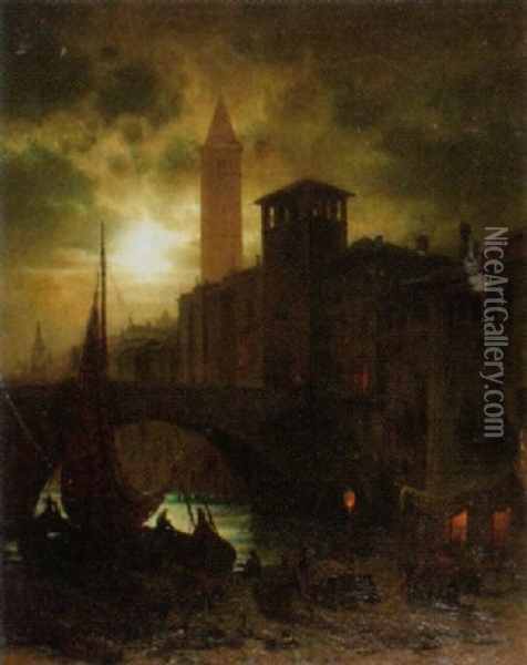 Italienische Stadtansicht Bei Mondschein Oil Painting - Johann Friedrich Hennings