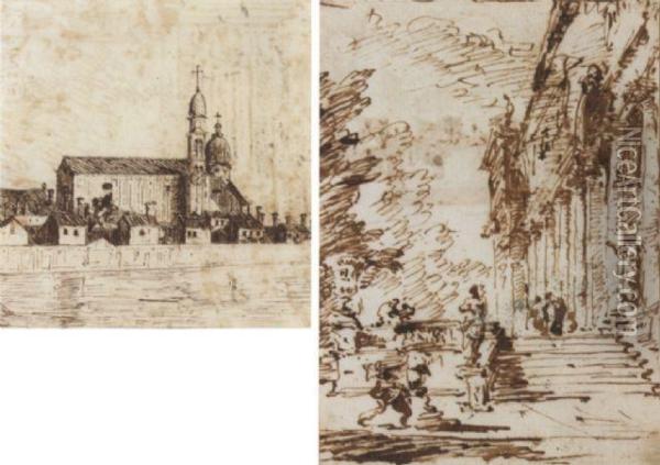 Figures And Staircases (#) View Of The Isola Della Certosa Oil Painting - Francesco Guardi