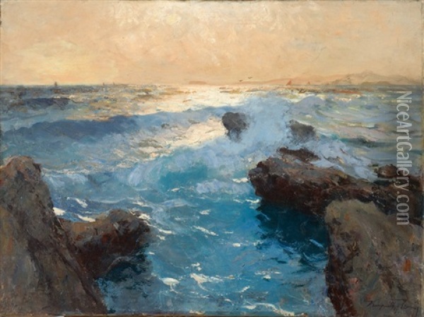 A Rocky Coastline With Crashing Waves Oil Painting - Jenoe Karpathy