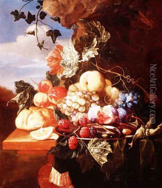 Still life with fruit and flowers Oil Painting - Arie de Vois