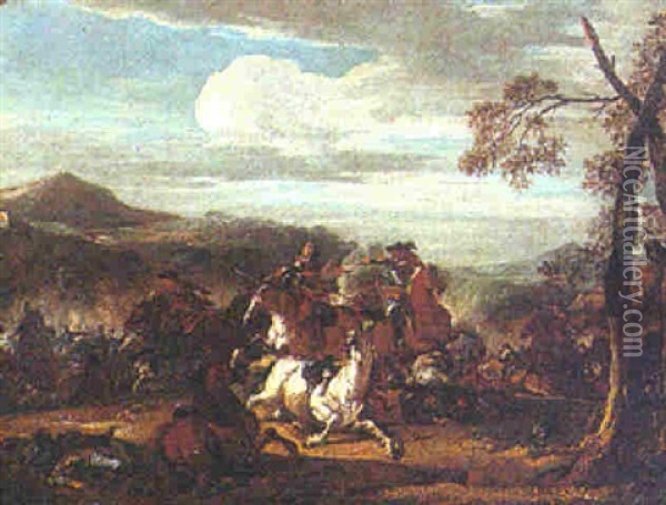 A Calvary Skirmish In A Mountainous Landscape Oil Painting - Jacques Courtois