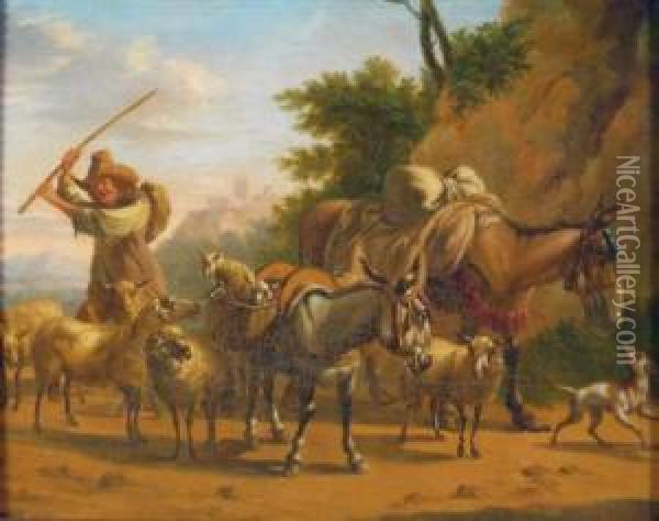 Southern Landscape With Herdsman Driving His Flock Oil Painting - Rembrandt Van Rijn
