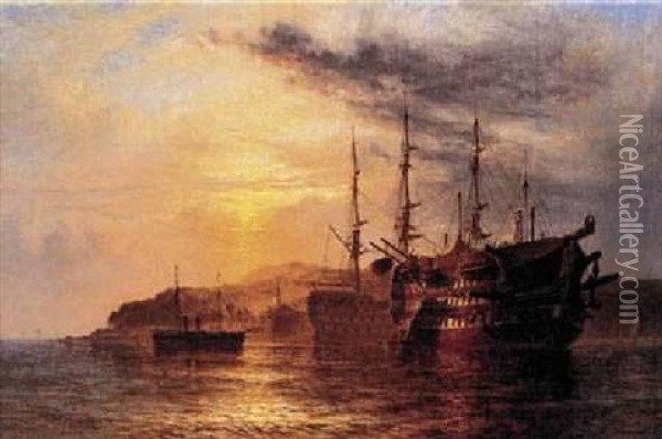A Three Decker Laying By A Hulk With A Steamship Heading To Shore Off The Devonshire Coast Oil Painting - Henry Thomas Dawson