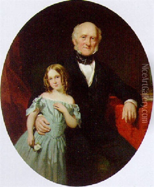 Portrait Of A Gentleman And His Daughter In A Blue Dress By A Red Draped Table Oil Painting - John Partridge