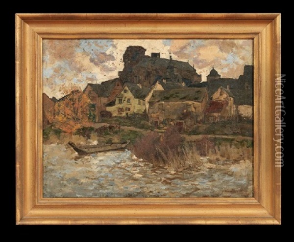 Riverbank Village Oil Painting - Erich Nikutowski