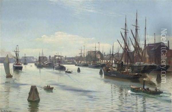 Shipping In The Harbour At Copenhagen, Denmark Oil Painting - Christian Blache