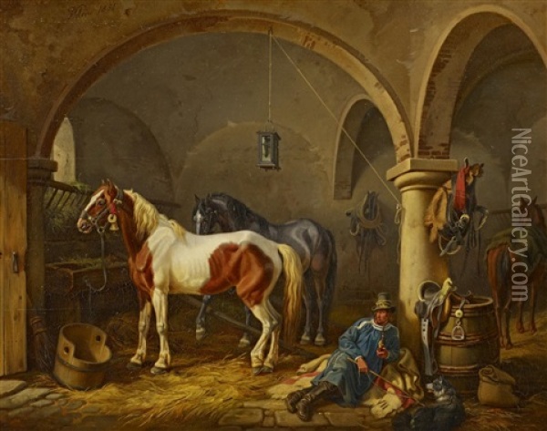 Im Pferdestall Oil Painting - Johann Adam Klein