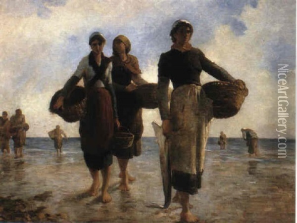 Fisherwomen On A Beach Oil Painting - Francois Maurice Reynaud