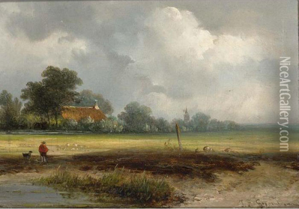 A Hunter With His Dog In A Polder Landscape Oil Painting - Johannes Franciscus Hoppenbrouwers