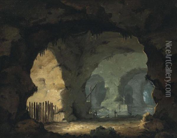 A Sea Cave Interior With Figures And Boats Oil Painting - William Hodges
