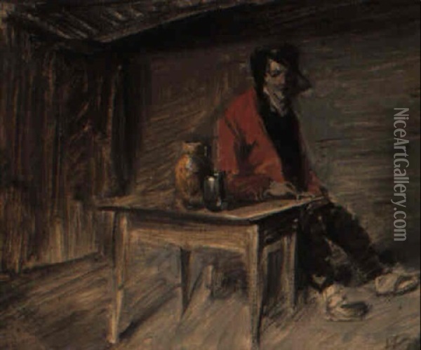 Bauer Am Tisch Sitzend Oil Painting - Wilhelm Busch