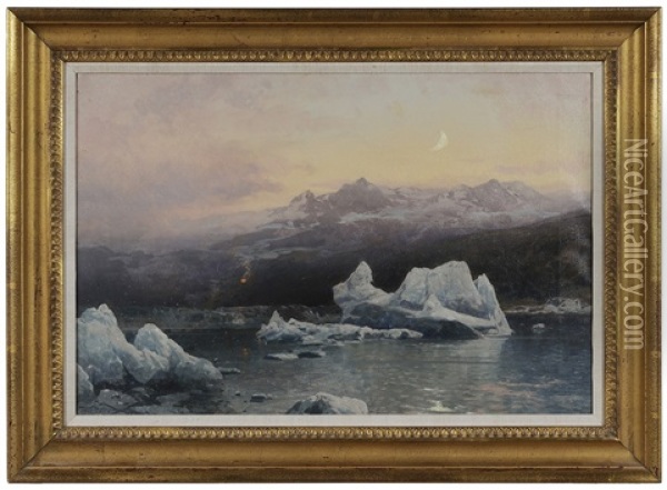 Icebergs At Dusk, With Fire On An Arctic Mountain Oil Painting - Hermann Herzog