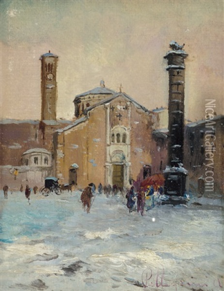 Vecchia Milano, Piazza S. Babila Con Neve Oil Painting - Antonio Pellegrini
