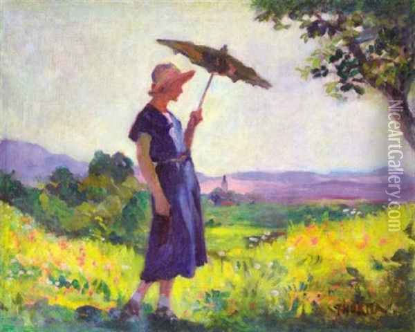 Lady With Parasol Oil Painting - Janos Thorma