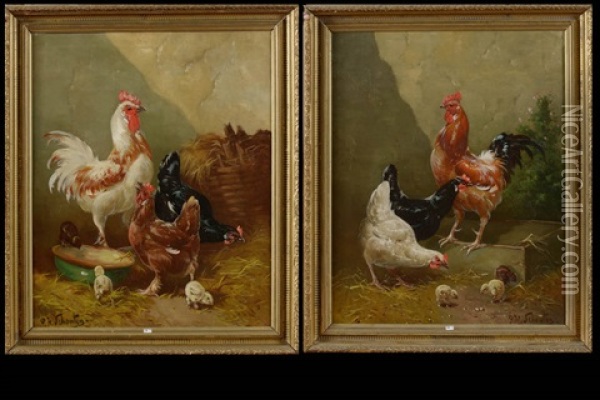 Coq, Poules Et Poussins (2 Works) Oil Painting - Paul Schouten