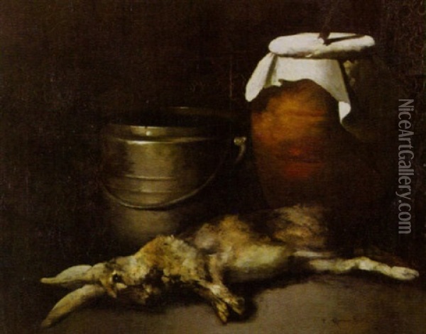 Nature Morte: Lievre, Pot En Gres En Cuivre Oil Painting - Germain Theodore Ribot