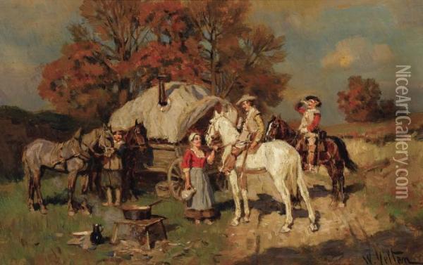 Stopping For A Drink At The Gypsy Camp Oil Painting - Wilhelm Velten