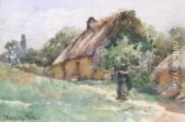Figure Before Cottages Brittany Inscribed Oil Painting - William Langley