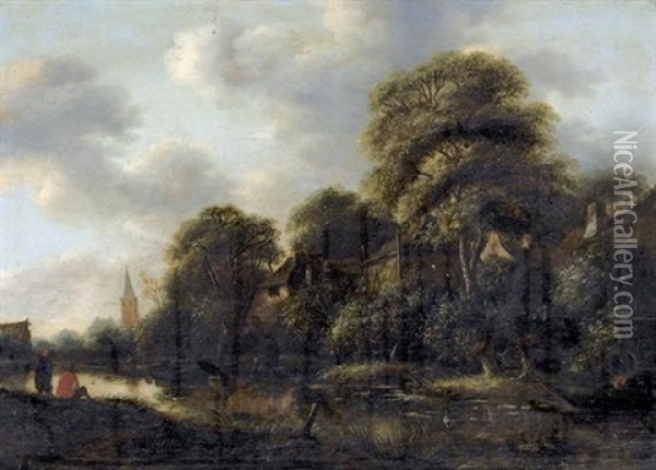 Flusspartie Mit Wascherinnen Und Dorf Oil Painting - Nicolaes Molenaer