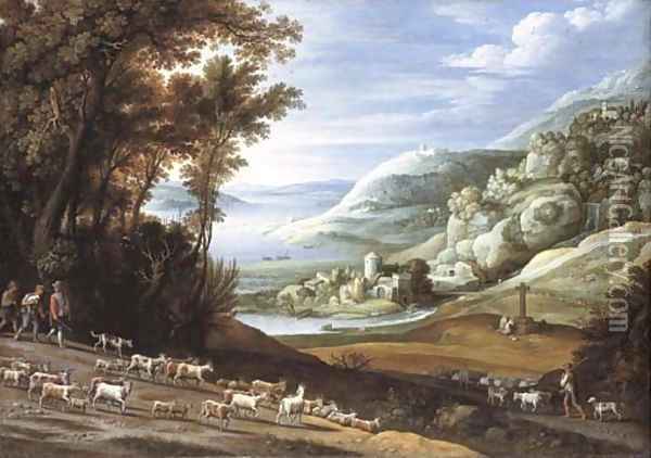 An extensive Italianate landscape with goatherds, a shepherd and their flocks Oil Painting - Maerten Ryckaert