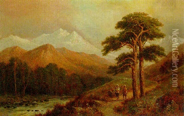 Footsoldiers On A Path In A Himmalayan River Landscape Oil Painting - William James Mueller
