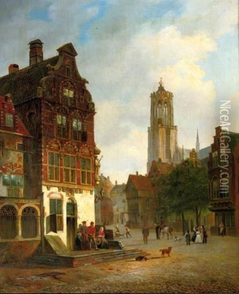 Daily Activities In Utrecht With The Domtower Beyond Oil Painting - Carel Jacobus Behr