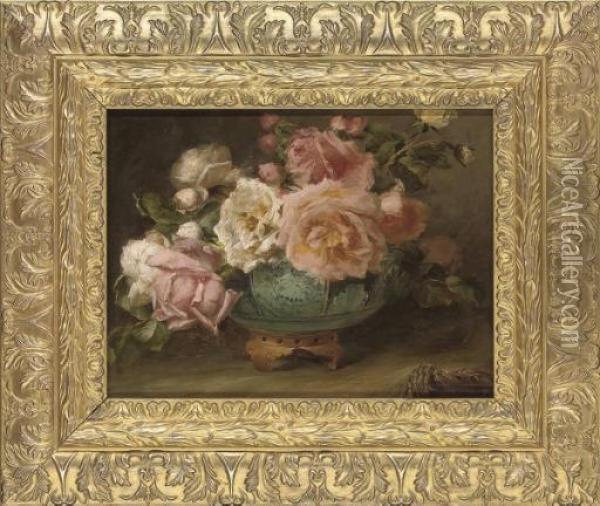 Roses In A Chinese Bowl Oil Painting - Ignace Henri Jean Fantin-Latour