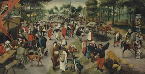 Saint George's Day: A Village Kermesse With Figures Dancing And Merrymaking, Others Drinking Before An Inn At The Sign Of The Horn Oil Painting - Marten van Cleve the Elder