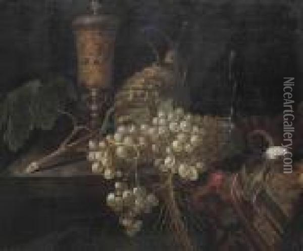 An Elaborately Decorated Vase, A Pocket Watch, Grapes, A Carafe Anda Glass Cup On A Partly Draped Table Oil Painting - Pieter Gerritsz. van Roestraten