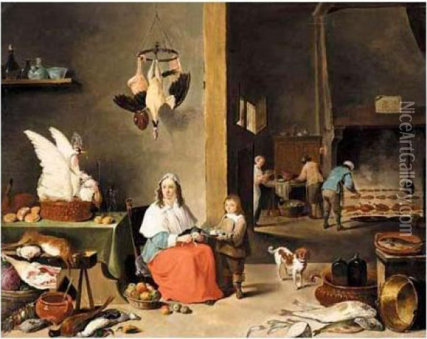 A Kitchen Interior With A Woman Peeling Fruit And Figures Cooking Over A Fire Beyond Oil Painting - David The Younger Teniers