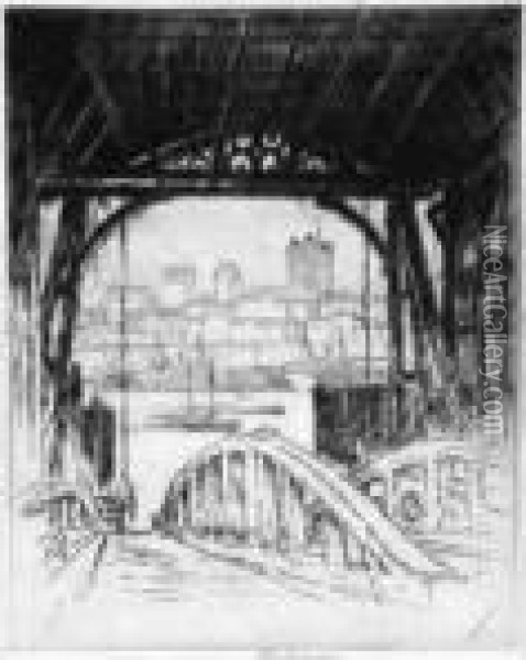 The Woolworth Building; The 
Woolworth, Through The Arch; Thetunnel, Montague Terrace; Columbia 
Heights, From Fulton Ferry (w.675; 785; 845; 849) Oil Painting - Joseph Pennell