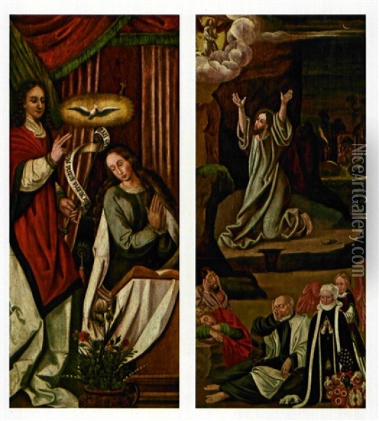 Verkundigungsszene Mit Blumenstillleben (+christus Am Olberg Mit Stifterbildnis; Verso) Oil Painting - Martin Schaffner