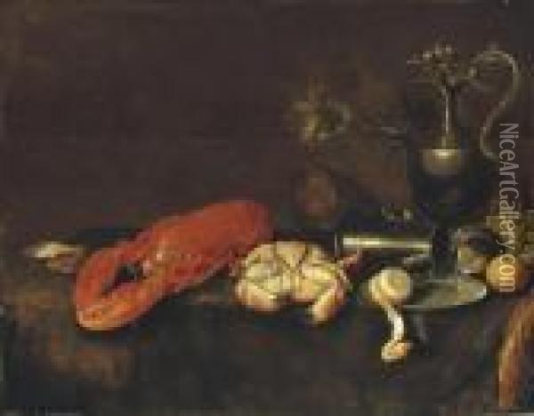 A Lobster, A Crab, An Oyster, A Pewter Pitcher And Various Fruits Oil Painting - Jan Davidsz De Heem