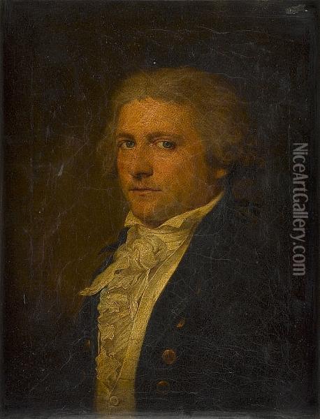 Portrait Of A Gentleman, Bust-length, In A Dark Blue Coat, With A White Cravat Oil Painting - Jean-Francois Gilles Colson