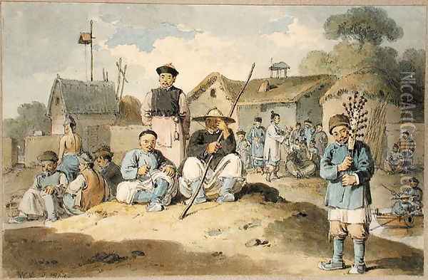 A group of Chinese on the bank of a river, watching the Earl Macartney's Embassy pass, 1793 Oil Painting - William Alexander